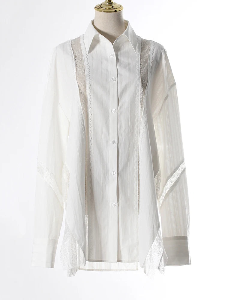 Women White Striped Lace Hollow Out Big Size Blouse New Lapel Long Sleeve Shirt Fashion Tide Spring Autumn 2025 7AB9277