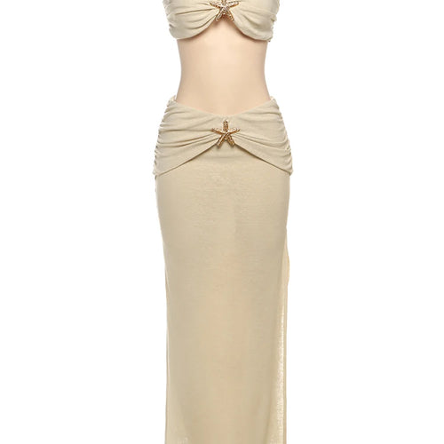 Load image into Gallery viewer, Vacation Starfish Decoration 2 Piece Set Women Lace-Up Backless Strapless Top+Ruche Long Splits Skirt Beach Party Outfits
