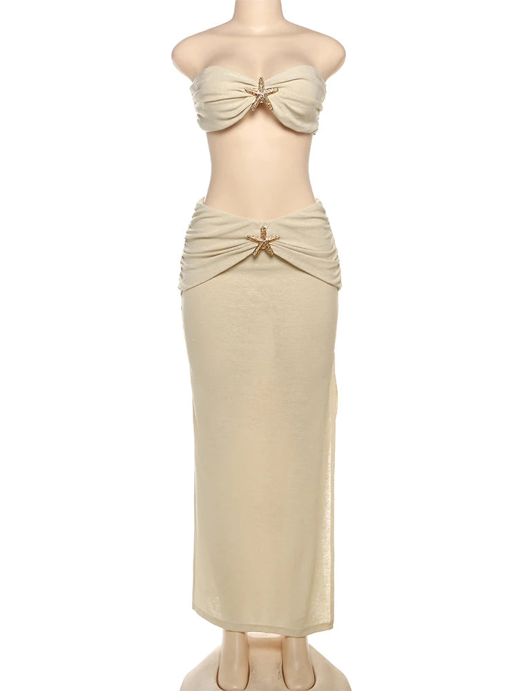 Vacation Starfish Decoration 2 Piece Set Women Lace-Up Backless Strapless Top+Ruche Long Splits Skirt Beach Party Outfits