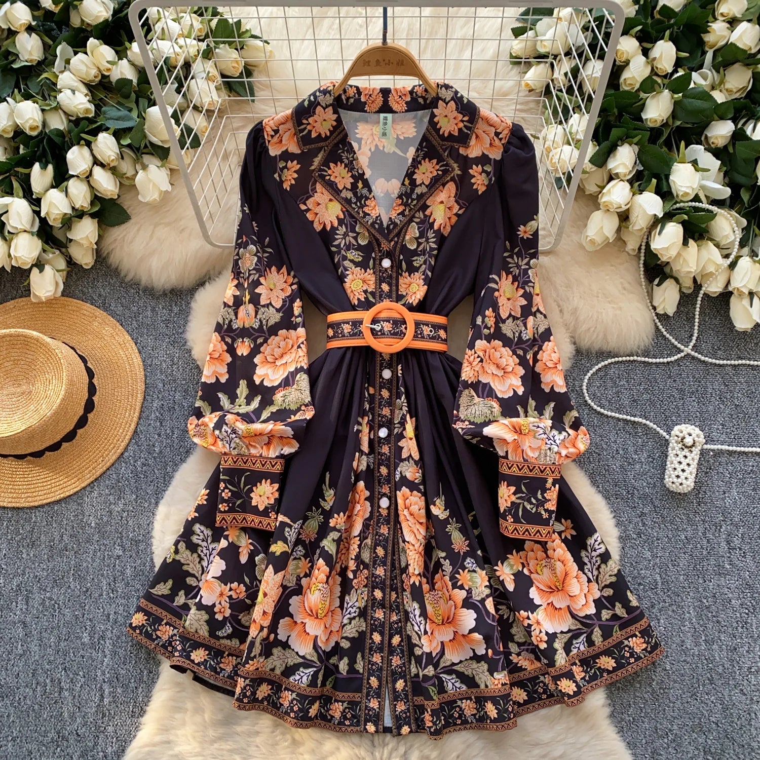 French Vintage Black Blue Flower Elegant High Waist Long Sleeved A Line Dresses Spring Fashion Evening Party Gown Dress Bohemian
