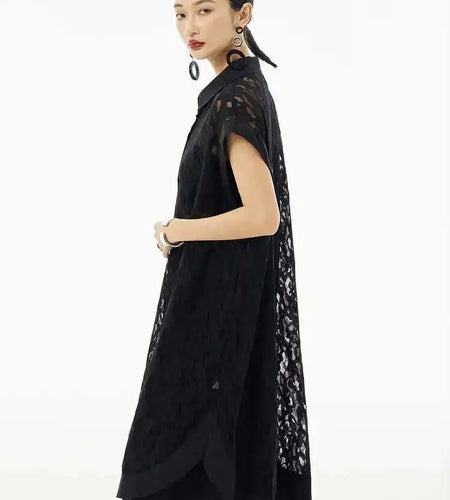 Women Black Lace Hollow Out Big Size Long Blouse New Lapel Sleeveless Shirt Fashion Tide Spring Summer 2025 1DH5758