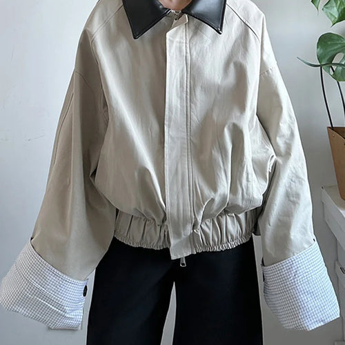 Load image into Gallery viewer, Khaki Plaid Leather Color-block Big Size Jacket New Lapel Long Sleeve Women Coat Fashion Tide Spring Autumn 2025  1DJ0976
