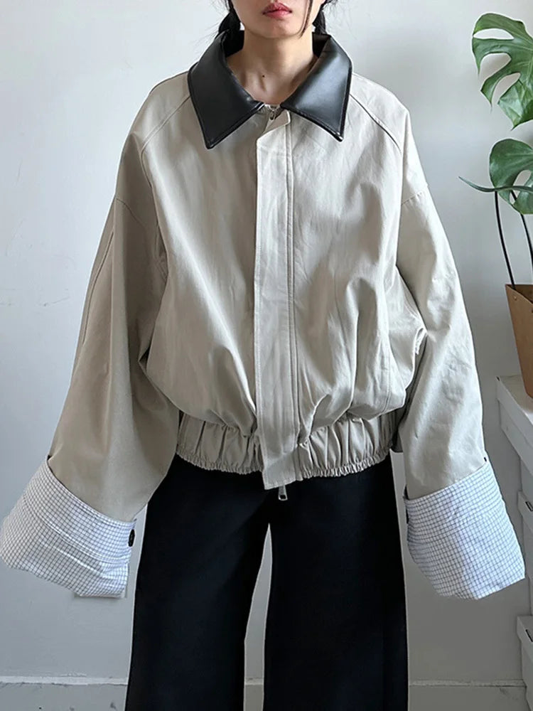 Khaki Plaid Leather Color-block Big Size Jacket New Lapel Long Sleeve Women Coat Fashion Tide Spring Autumn 2025  1DJ0976