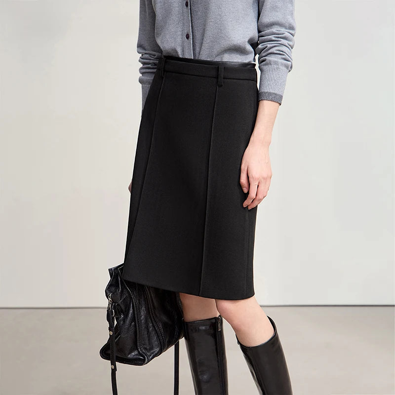 Minimalist Skirts For Women 2025 Winter New Straight Solid Knit Midi Skirt Patchwork Leather Casual Woman Clothes 12524092