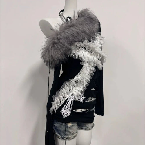 Load image into Gallery viewer, Y2k Aesthetic Fur Patchwork Skew Collar Sexy T-shirts Harajuku Lace Cross Slim Tops Women Streetwear Grunge Hollow Out Tees

