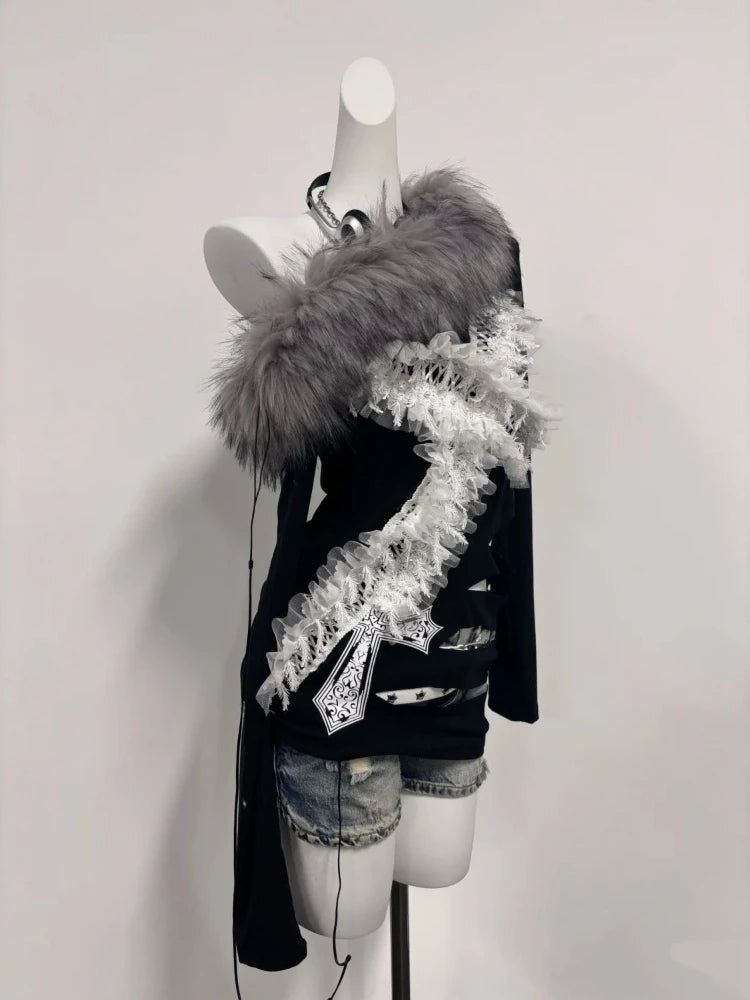 Y2k Aesthetic Fur Patchwork Skew Collar Sexy T-shirts Harajuku Lace Cross Slim Tops Women Streetwear Grunge Hollow Out Tees