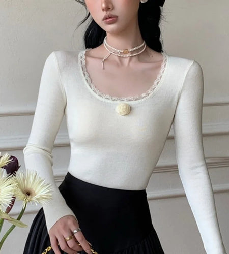 y2k Clothes Tops Women 3D Flower Lace Trim Round Neck Long Sleeve Ribbed T Shirt 2000s Aesthetic Clothing Streetwear