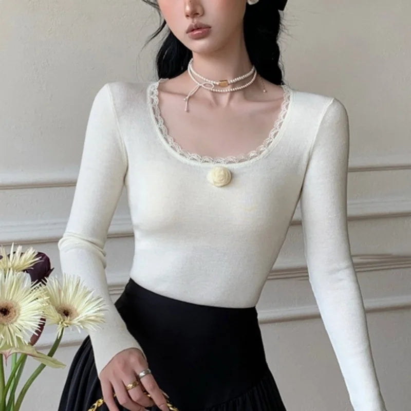 y2k Clothes Tops Women 3D Flower Lace Trim Round Neck Long Sleeve Ribbed T Shirt 2000s Aesthetic Clothing Streetwear