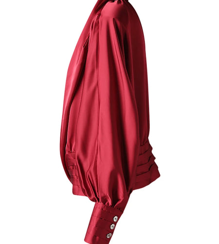 Women Red Irregular Pleated Big Size Elegant Blouse New V-neck Long Sleeve Shirt Fashion Tide Spring Autumn 2025  9C7045