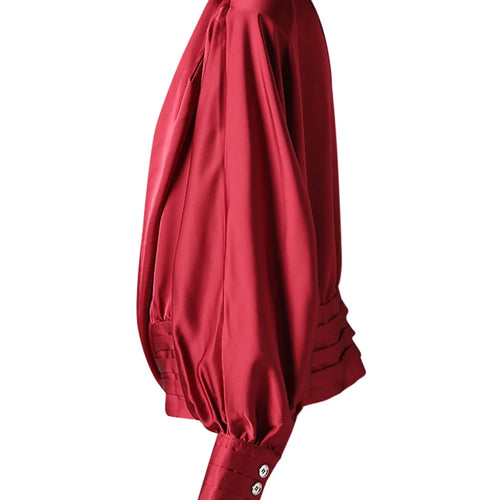 Load image into Gallery viewer, Women Red Irregular Pleated Big Size Elegant Blouse New V-neck Long Sleeve Shirt Fashion Tide Spring Autumn 2025  9C7045
