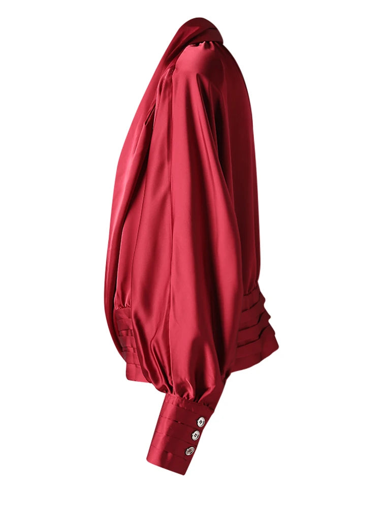 Women Red Irregular Pleated Big Size Elegant Blouse New V-neck Long Sleeve Shirt Fashion Tide Spring Autumn 2025  9C7045