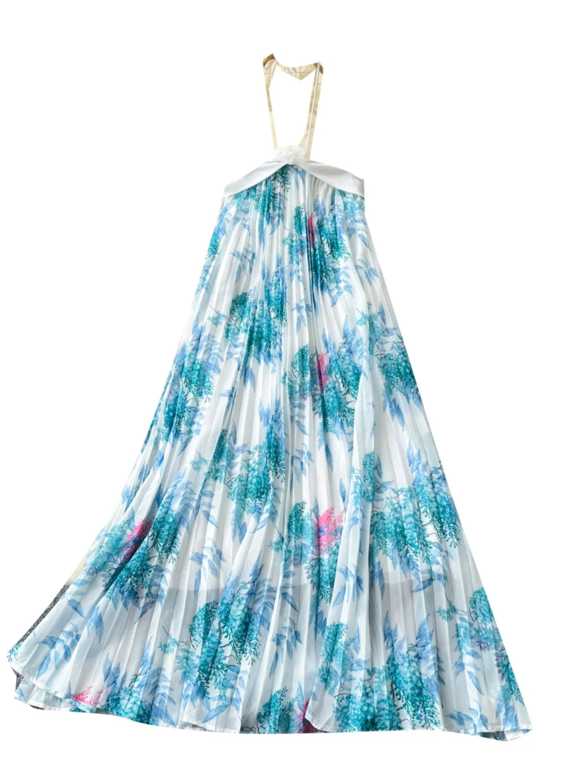 Summer New French Women's Blue Floral Patchwork Temperament Pleated Halter Lace-up Dress Vintage Elegant Backless Evening Dress