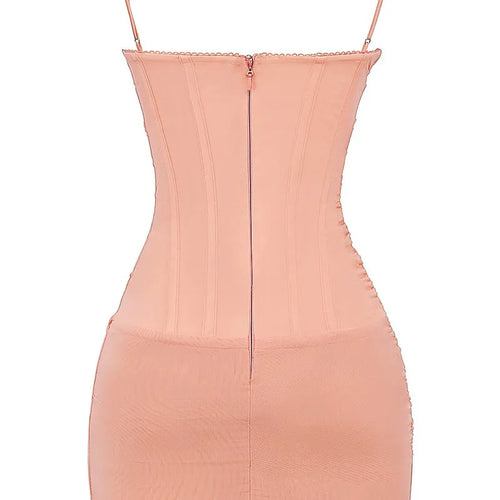 Load image into Gallery viewer, Mesh Spaghetti Strap Sexy Mini Dress For Women Light Orange Zipper Sleeveless Backless Bodycon Ruched Dress Elegant
