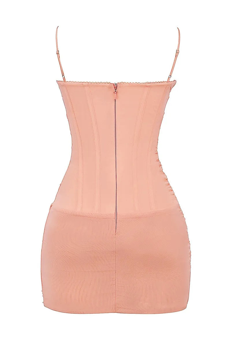 Mesh Spaghetti Strap Sexy Mini Dress For Women Light Orange Zipper Sleeveless Backless Bodycon Ruched Dress Elegant