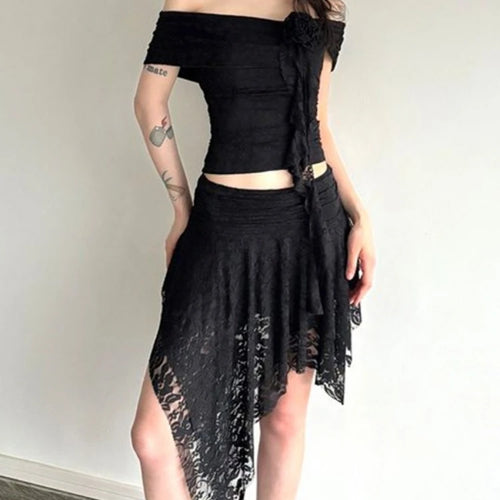 Load image into Gallery viewer, Y2k Aesthetic Lace Jacquard Vintage Tees 2025 Streetwear Fairy Slash Neck Cropped Tshirts Women Harajuku Grunge 3D Flower Tops
