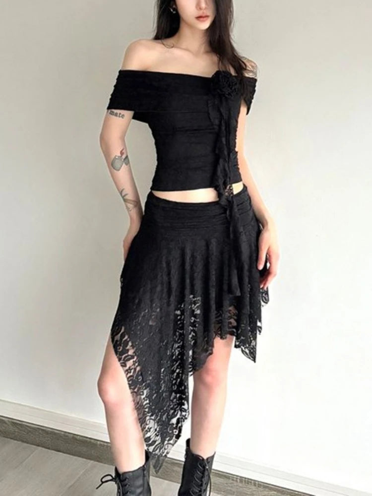 Y2k Aesthetic Lace Jacquard Vintage Tees 2025 Streetwear Fairy Slash Neck Cropped Tshirts Women Harajuku Grunge 3D Flower Tops
