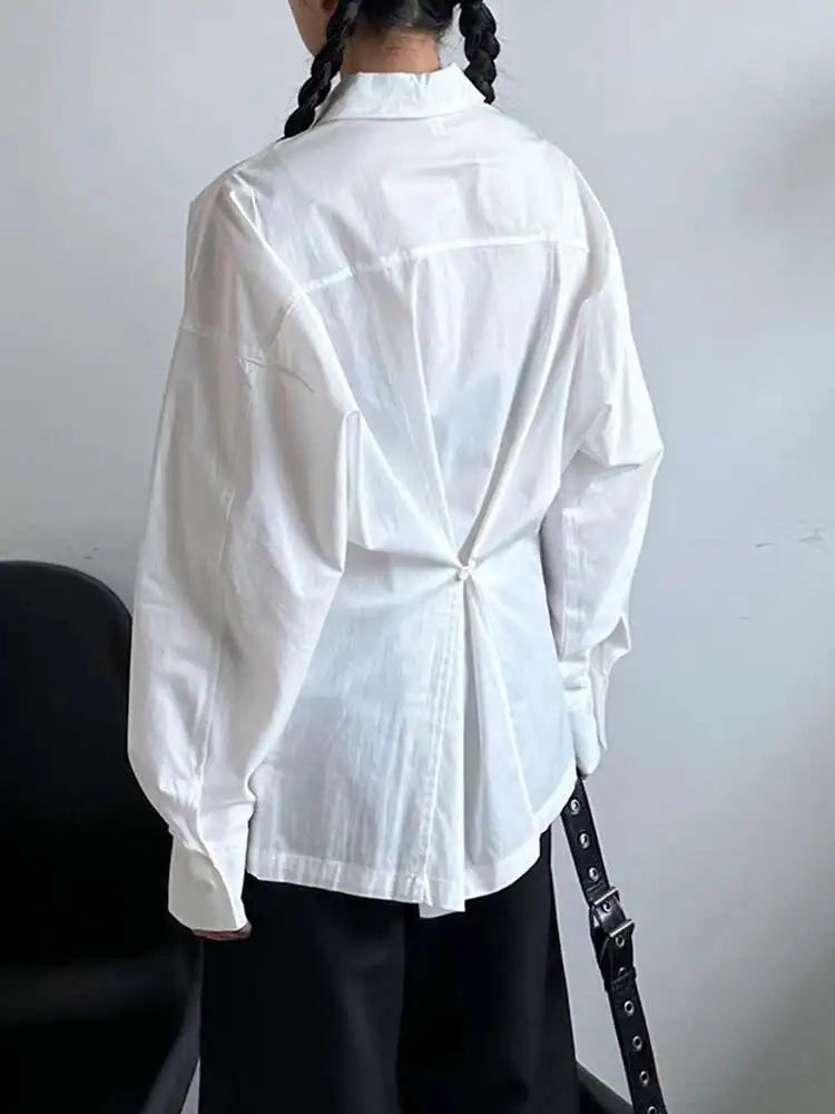 Women White Back Button Pleated Big Size Elegant Blouse New Lapel Long Sleeve Shirt Fashion Spring Autumn 2025 1DJ0301