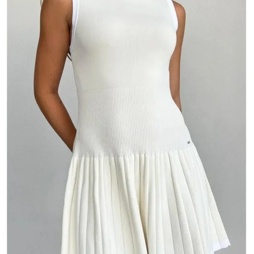 Load image into Gallery viewer, Elegant Sleeveless Knitted Sweater Dress Women Elastic Slim Short Skirt Pleated Female Summer 2024 New Vacation Vestidos
