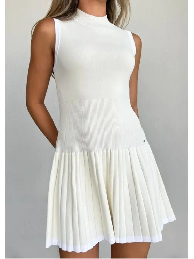 Elegant Sleeveless Knitted Sweater Dress Women Elastic Slim Short Skirt Pleated Female Summer 2024 New Vacation Vestidos