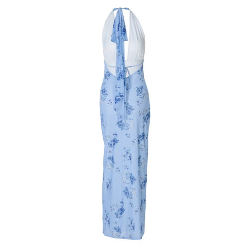 Load image into Gallery viewer, Summer Backless Print Maxi Dress Women Beach Holiday Gown Elegant Halter Deep V Neck Sleeveless Bodycon Long Dress
