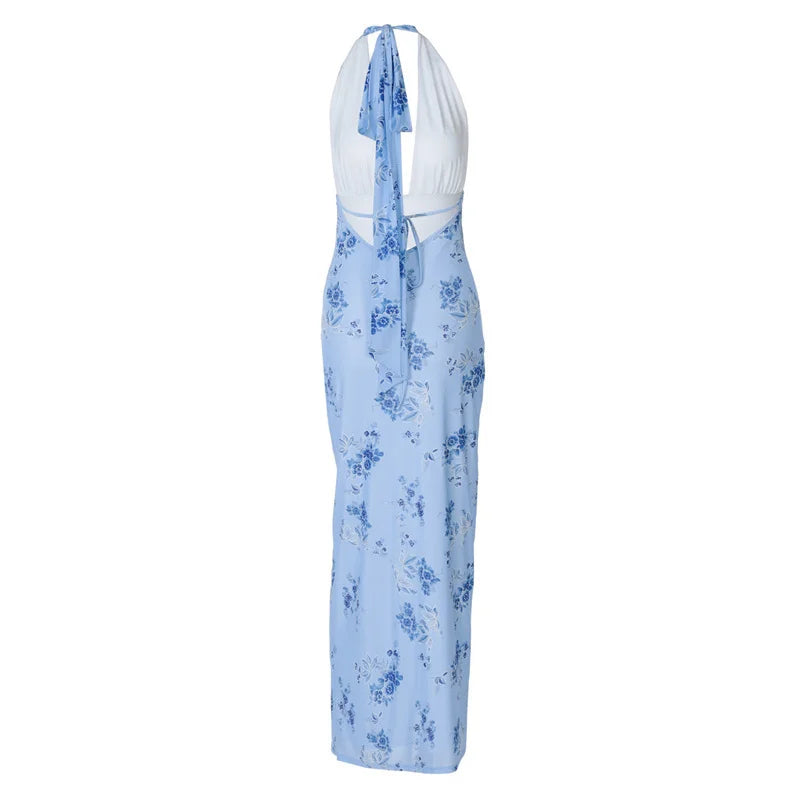 Summer Backless Print Maxi Dress Women Beach Holiday Gown Elegant Halter Deep V Neck Sleeveless Bodycon Long Dress