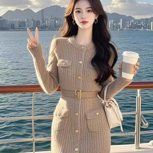 Load image into Gallery viewer, French Women Khaki Single Breasted Long Sleeved Mini Dress Autumn Winter New Round Neck Slim Festival Knitted A-line Short Dress
