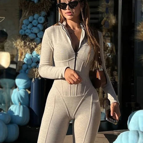 Load image into Gallery viewer, Fashion Long Sleeved Zipper Elastic Tight Jumpsuit For Women 2025 New Autumn/Winter Slim Female Casual Outdoor Rompers
