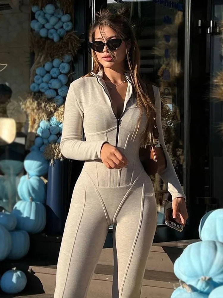 Fashion Long Sleeved Zipper Elastic Tight Jumpsuit For Women 2025 New Autumn/Winter Slim Female Casual Outdoor Rompers