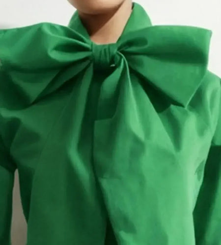 Bowknot High Collar Shirt for Women 2024 New Lantern Sleeve Fit Solid Green Blouse Urban Women's Fashion Commuter Top