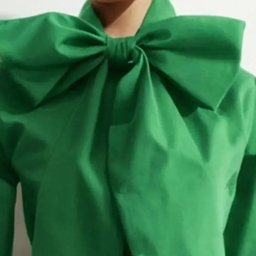 Load image into Gallery viewer, Bowknot High Collar Shirt for Women 2024 New Lantern Sleeve Fit Solid Green Blouse Urban Women&#39;s Fashion Commuter Top

