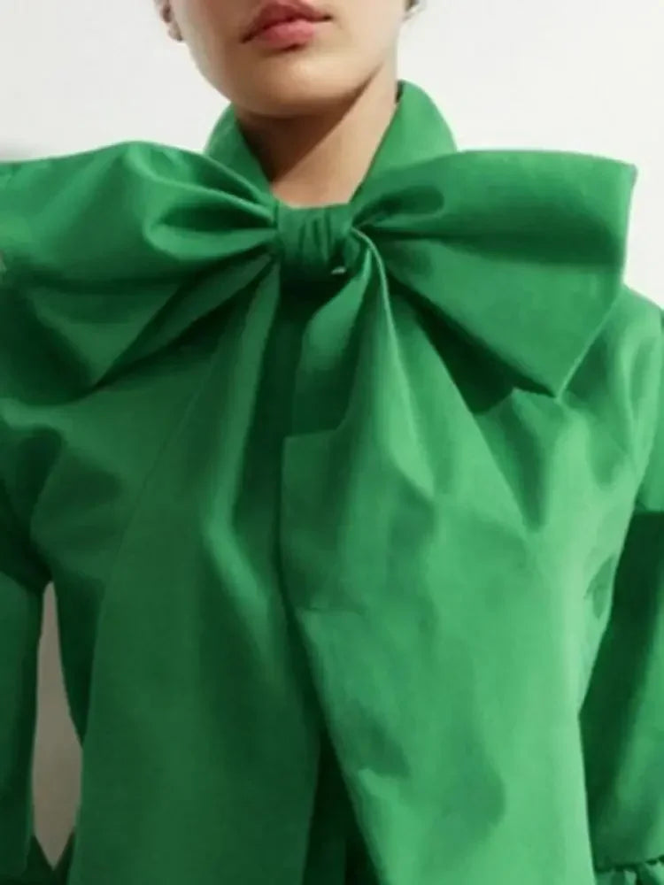 Bowknot High Collar Shirt for Women 2024 New Lantern Sleeve Fit Solid Green Blouse Urban Women's Fashion Commuter Top