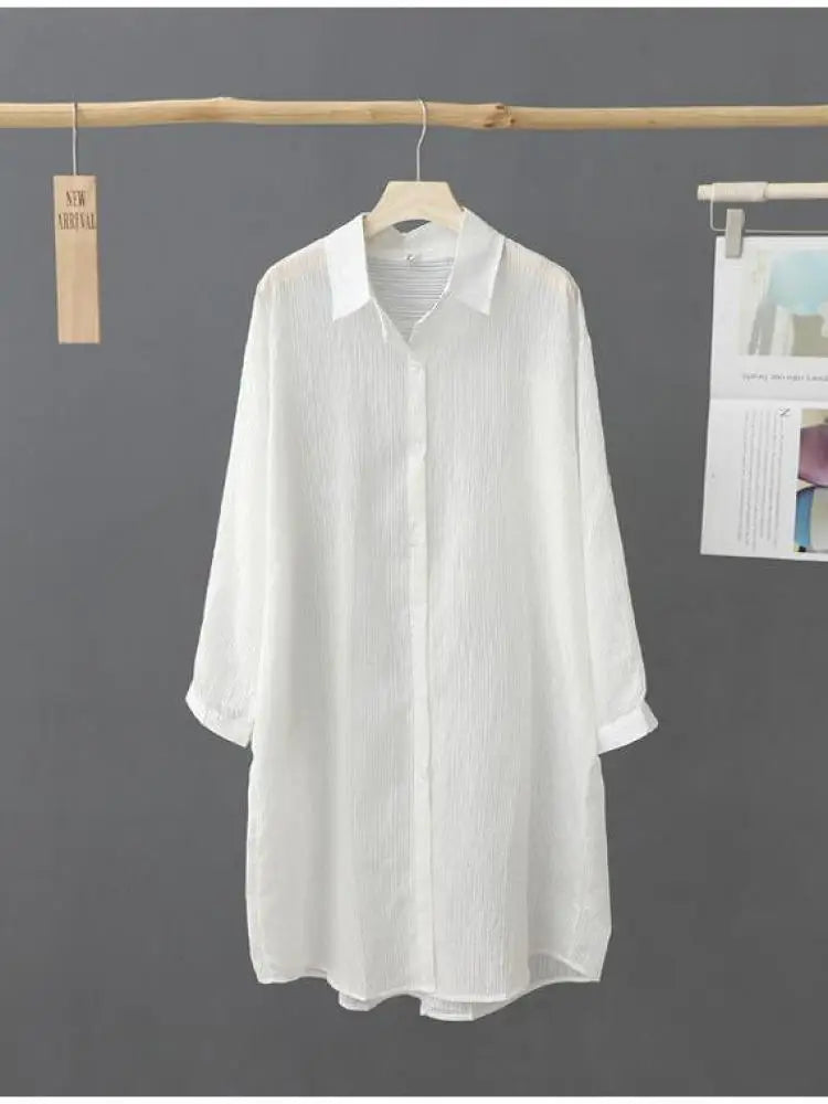 Casual Women's Shirt Loose Long Sleeve Top Summer Thin Jacket Coat Medium Long Blouses Female Clothing Fashion Solid Color