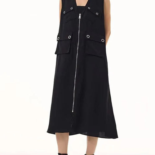 Load image into Gallery viewer, Women Black Zipper Pockets Spliced Big Size Midi Vest Dress New V-Neck Sleeveless Fashion Tide Spring Autumn 2025  1DJ1194
