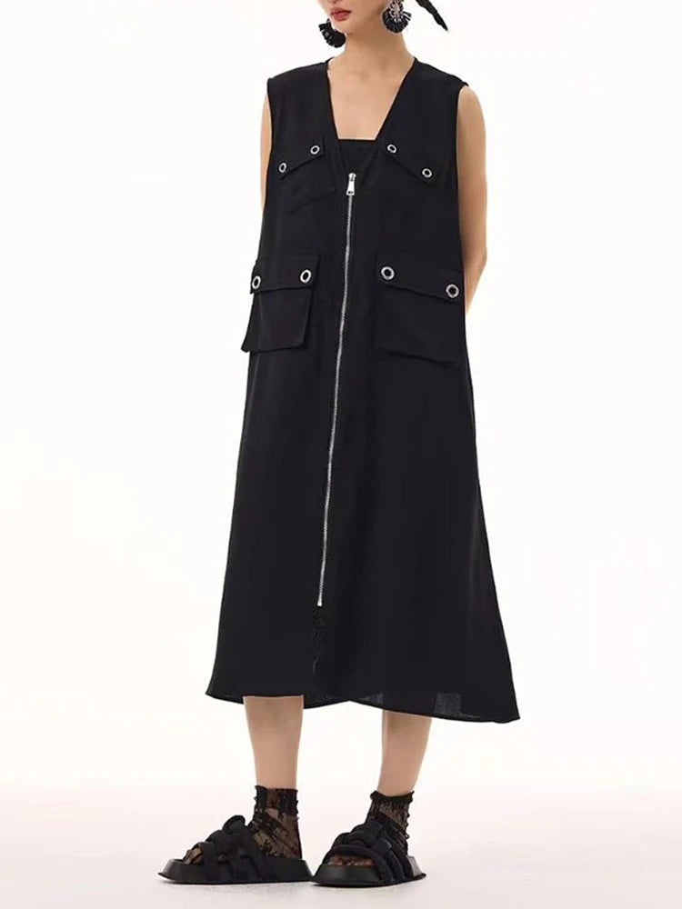 Women Black Zipper Pockets Spliced Big Size Midi Vest Dress New V-Neck Sleeveless Fashion Tide Spring Autumn 2025  1DJ1194