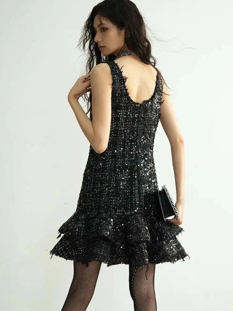 Women Black Sequins Tassels Ruffles Mini Elegant Dress New Round Neck Sleeveless Fashion Tide Spring Autumn 2025 1DH8269