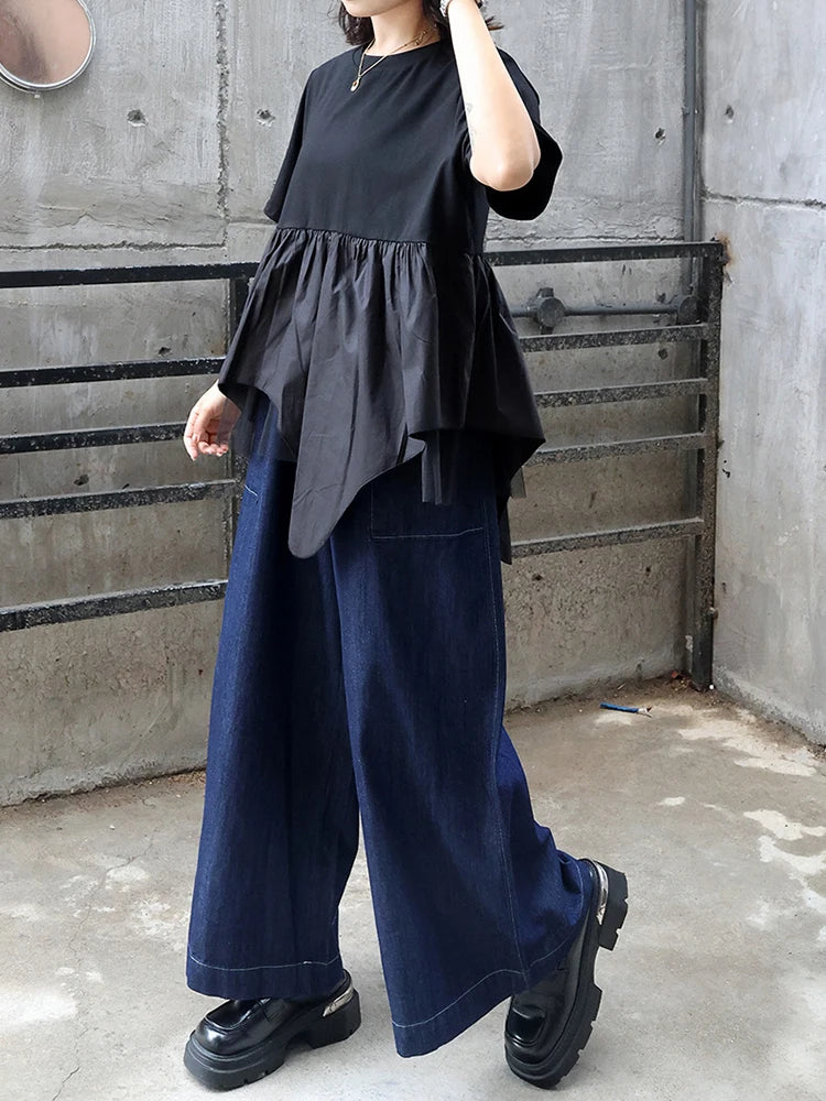 Women Black Irregular Hem Mesh Big Size Casual T-shirt New Round Neck Short Sleeve Fashion Tide Spring Summer 2025 1DJ0644