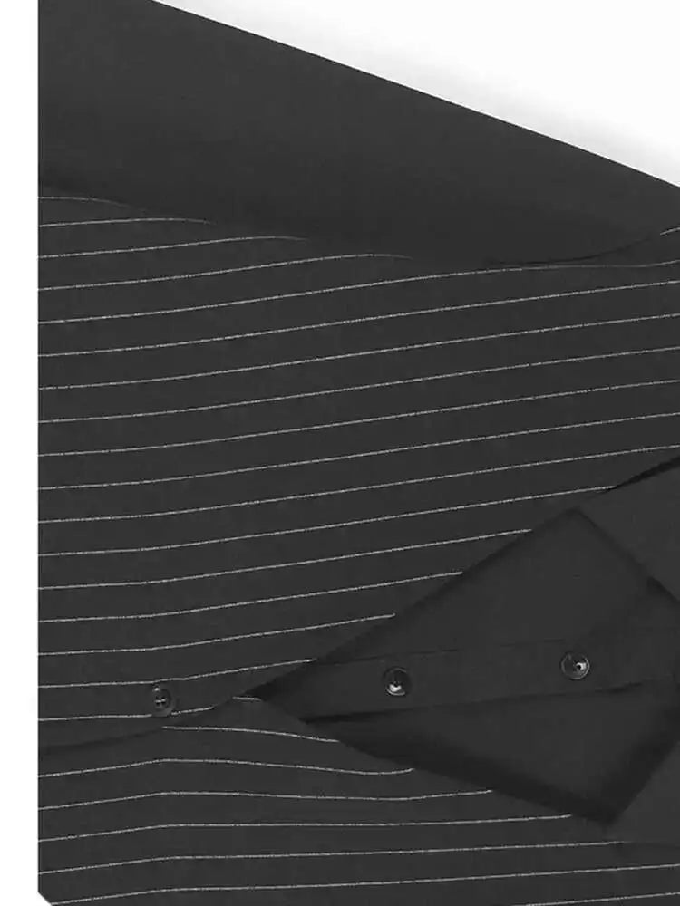 Women Black Striped Drawstring Big Size Knee-Length Dress New Lapel Long Sleeve Fashion Tide Spring Autumn 2025 1DH9966