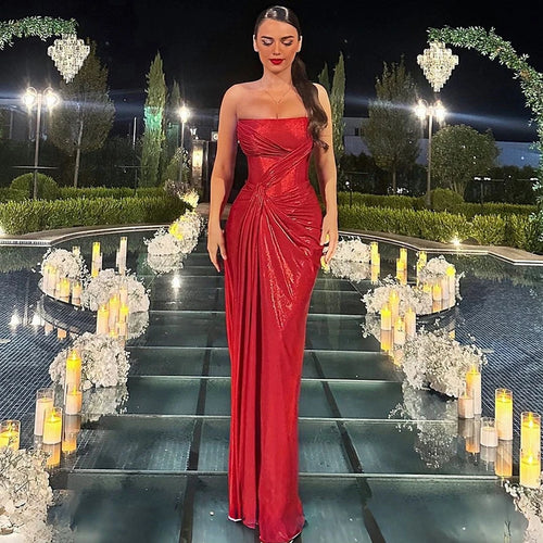 Load image into Gallery viewer, Off-shoulder Strapless Sexy Maxi Dress For Women Fashion Red Sleeveless Backless Thigh High Split Bodycon Club Dress
