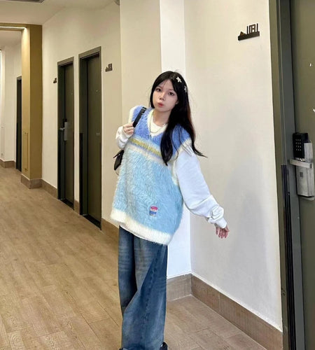 2025 Japanese Sleeveless Sweater Vest Casual Vintage Pullovers Y2k Aesthetic Women Streetwear Grunge Striped Knitwear Waistcoat