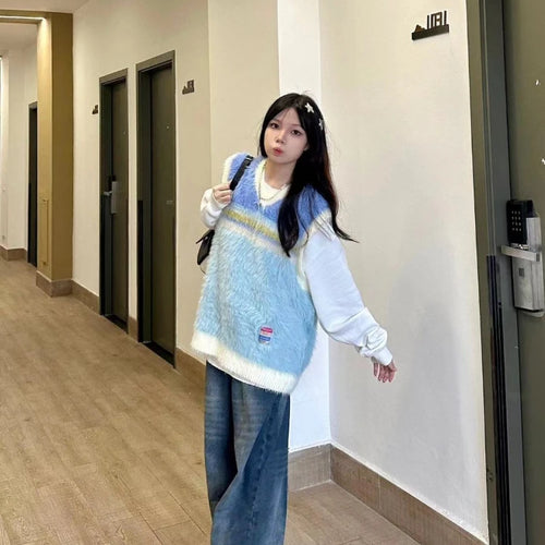 Load image into Gallery viewer, 2025 Japanese Sleeveless Sweater Vest Casual Vintage Pullovers Y2k Aesthetic Women Streetwear Grunge Striped Knitwear Waistcoat
