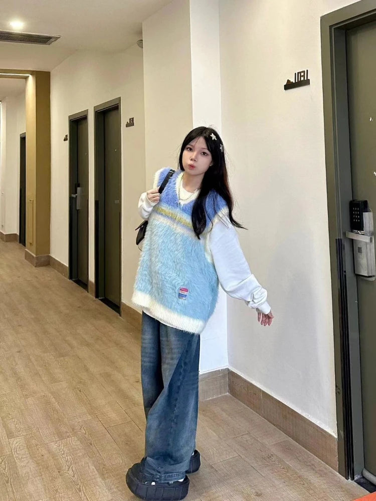 2025 Japanese Sleeveless Sweater Vest Casual Vintage Pullovers Y2k Aesthetic Women Streetwear Grunge Striped Knitwear Waistcoat