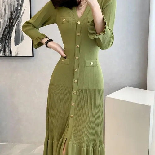 Load image into Gallery viewer, Autumn French Green V-neck Elegant Ruffles Knitted Dress Women Slim Long Sleeve Office Single Breast Dress 2024 New Fashion Chic
