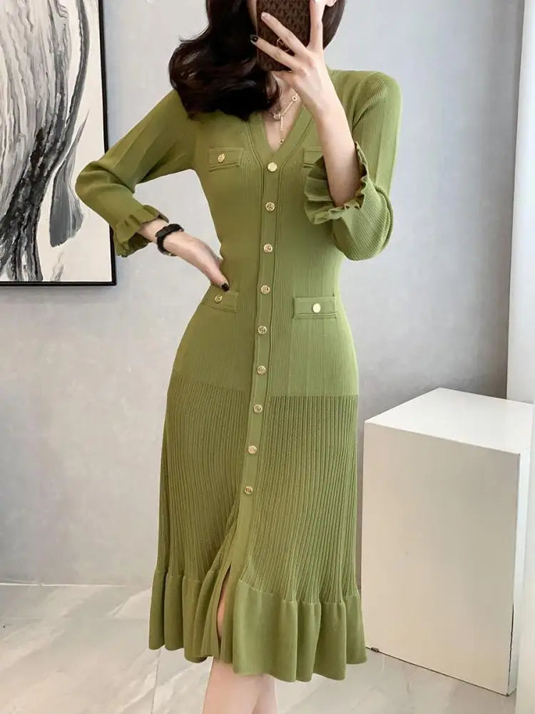 Autumn French Green V-neck Elegant Ruffles Knitted Dress Women Slim Long Sleeve Office Single Breast Dress 2024 New Fashion Chic
