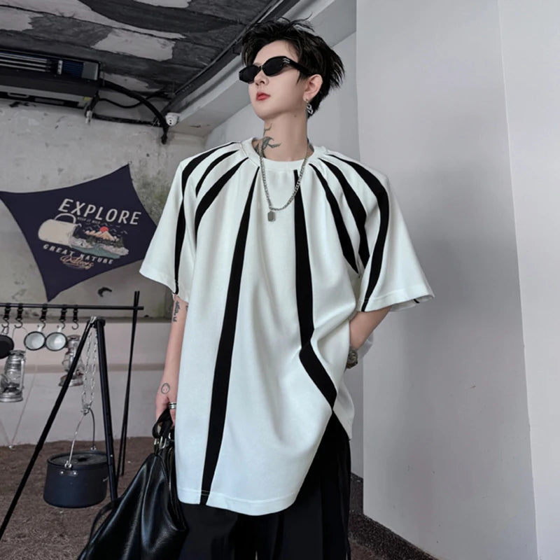 Patchwork Men's T-shirt Geometric Stripe Contrast Color Loose Short Sleeve Trendy Versatile Top Streetwear 28W3263