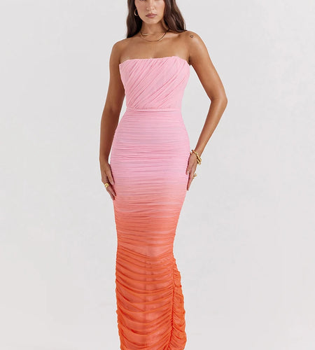 Gradient Strapless Backless Sexy Maxi Dress For Women Fashion Off-shoulder Sleeveless Bodycon Back Split Long Dress
