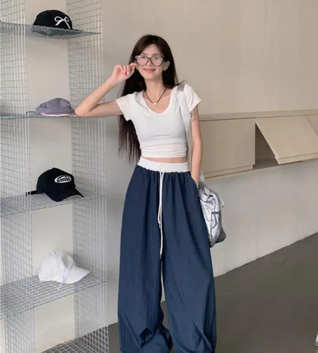 Korean Version New Women's Black Patchwork Work Wide Leg Long Pant Spring Summer Blue Drawstring Lace-up Trousers Casual Popular