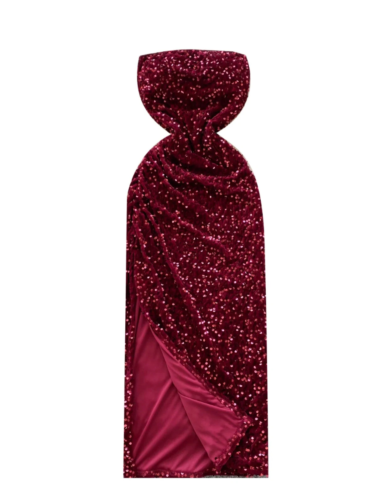 French Women Red Sequin Backless Birthday Party Strapless Split Long Dress Summer Elegant Sexy Sleeveless Pleated Evening Dress