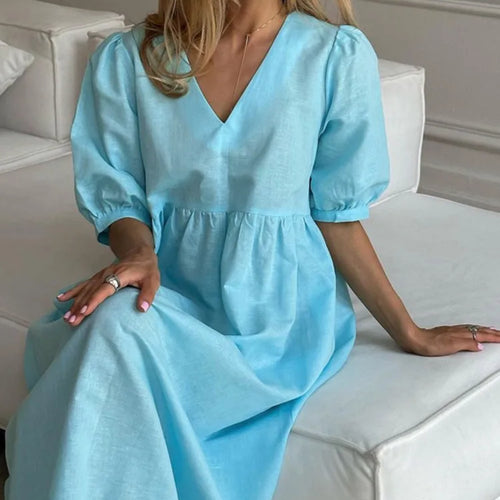 Load image into Gallery viewer, Short Puff Sleeve Maxi Dress For Women Fashion Autumn New Blue V Neck Loose Basic Casual Long Dress Elegant Gown

