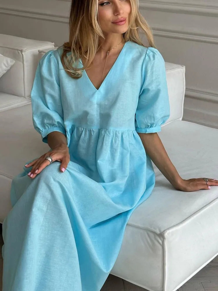 Short Puff Sleeve Maxi Dress For Women Fashion Autumn New Blue V Neck Loose Basic Casual Long Dress Elegant Gown