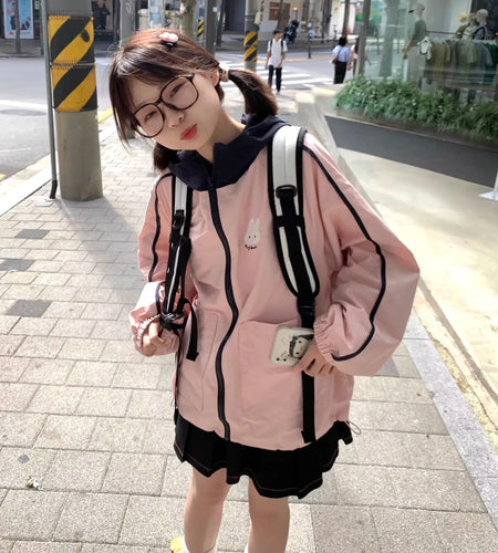 Rabbit Embroidered Hoodie Women Clothing Patchwork Hooded Long Sleeve Zipper Outwear 2024 Ropa Mujer Casual Chic Y2k Sweatshirts